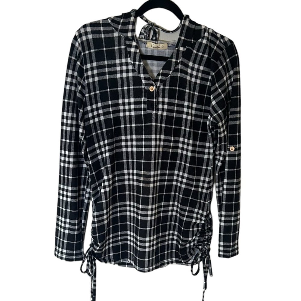 Cyanstyle Black white plaid women's M Button up Tunic Hoodie.  252